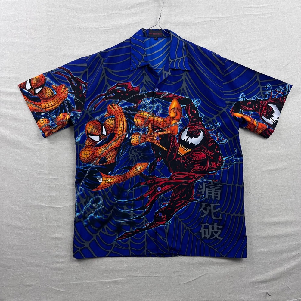 Y2K VTG Big Brother Spider-Man Carnage Shirt Large Blue Marvel Graphic Button Up
